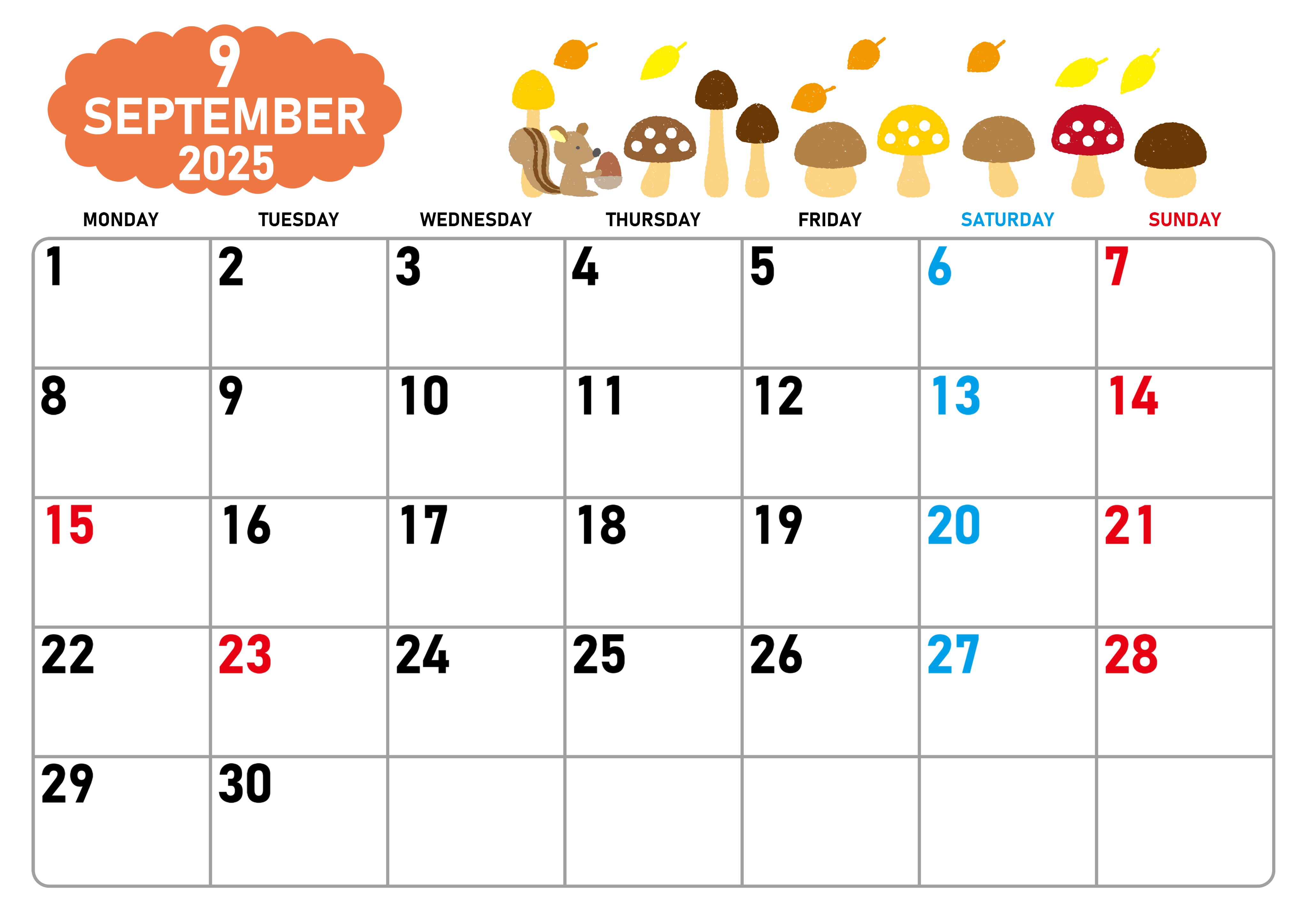 ２０２５年９月のカレンダー それぞれの季節のイメージ無料イラスト素材素材ラボ