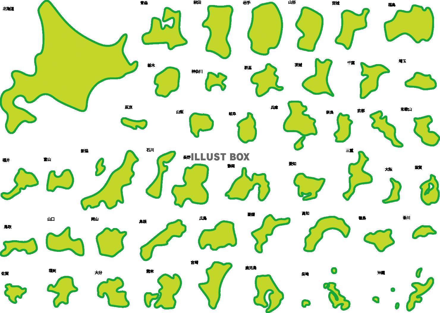都道府県別・日本地図のシルエット02無料のAi・PNG白黒シルエットイラスト