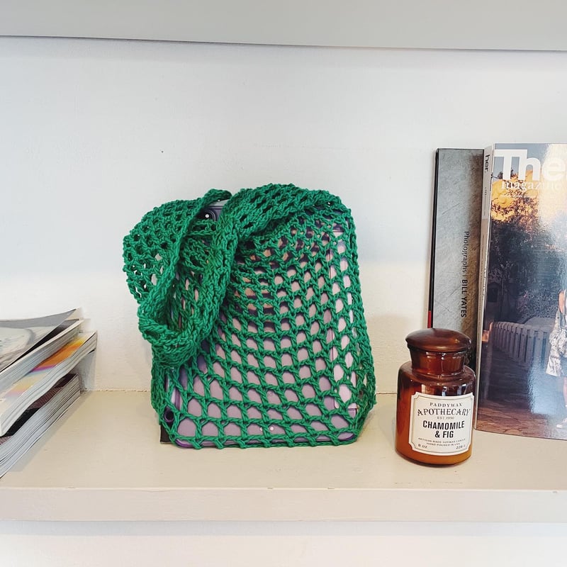 リネン糸の方眼編みワンマイルバッグ*サークル*フラックス*巾着袋付iichi日々の暮らしを心地よくするハンドメイドやアンティークのマーケットプレイス