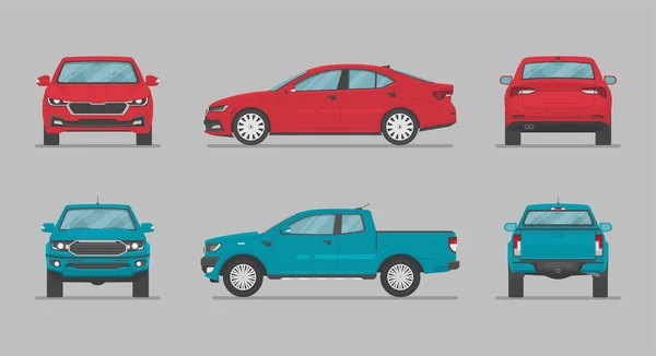 車のイラスト。青、赤、白の車の側面図Premiumベクトル素材