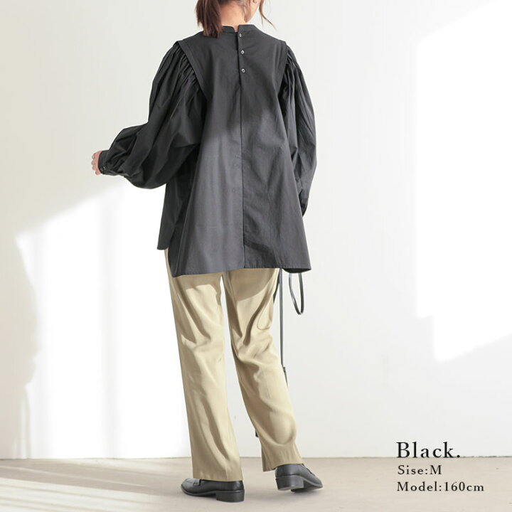 楽天市場 ブラウス レディース 春夏 ポプリンデザインショルダーブラウス トップス 長袖 ポプリン素材 ボリューム袖 ボリュームスリーブ 綿100％コットン100％ コットンブラウス 二の腕カバー 着回し 白 黒 M-L メール便10 : アンドイットand it_