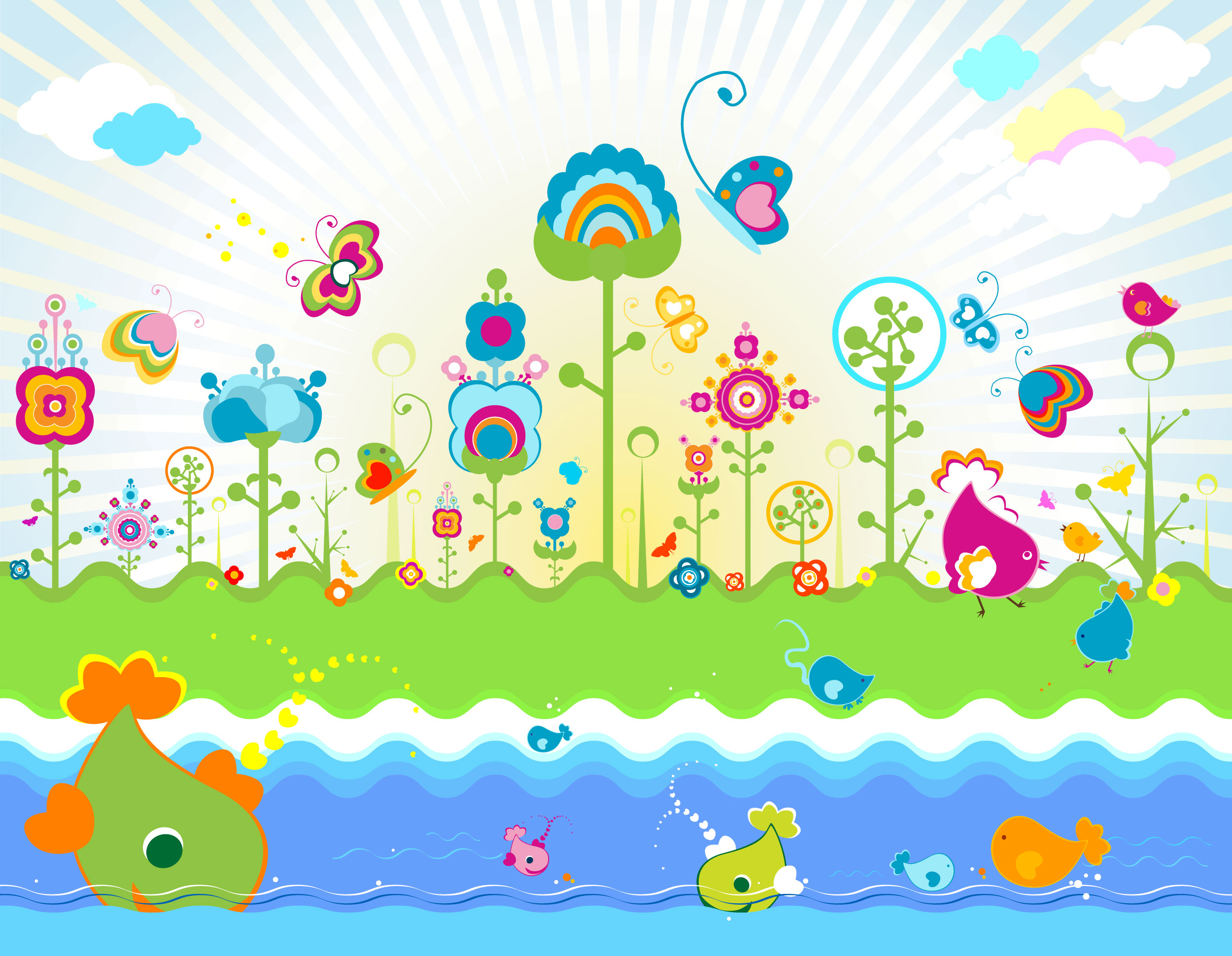 カラフルなのイラスト・フリー素材 背景・壁紙No.648『ポップアート・動植物』