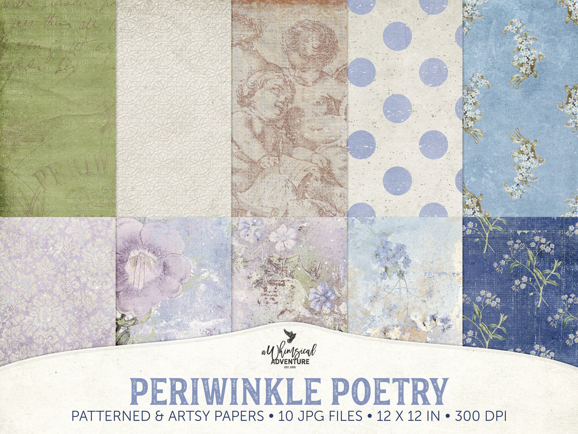 ペリウィンクルの詩、シャビーシックなデジタルペーパー、ミックスメディアアート、花柄、ベリーペリ、ブルーとバイオレット、ボタニカルジャンクジャーナルペーパー- Etsy 日本