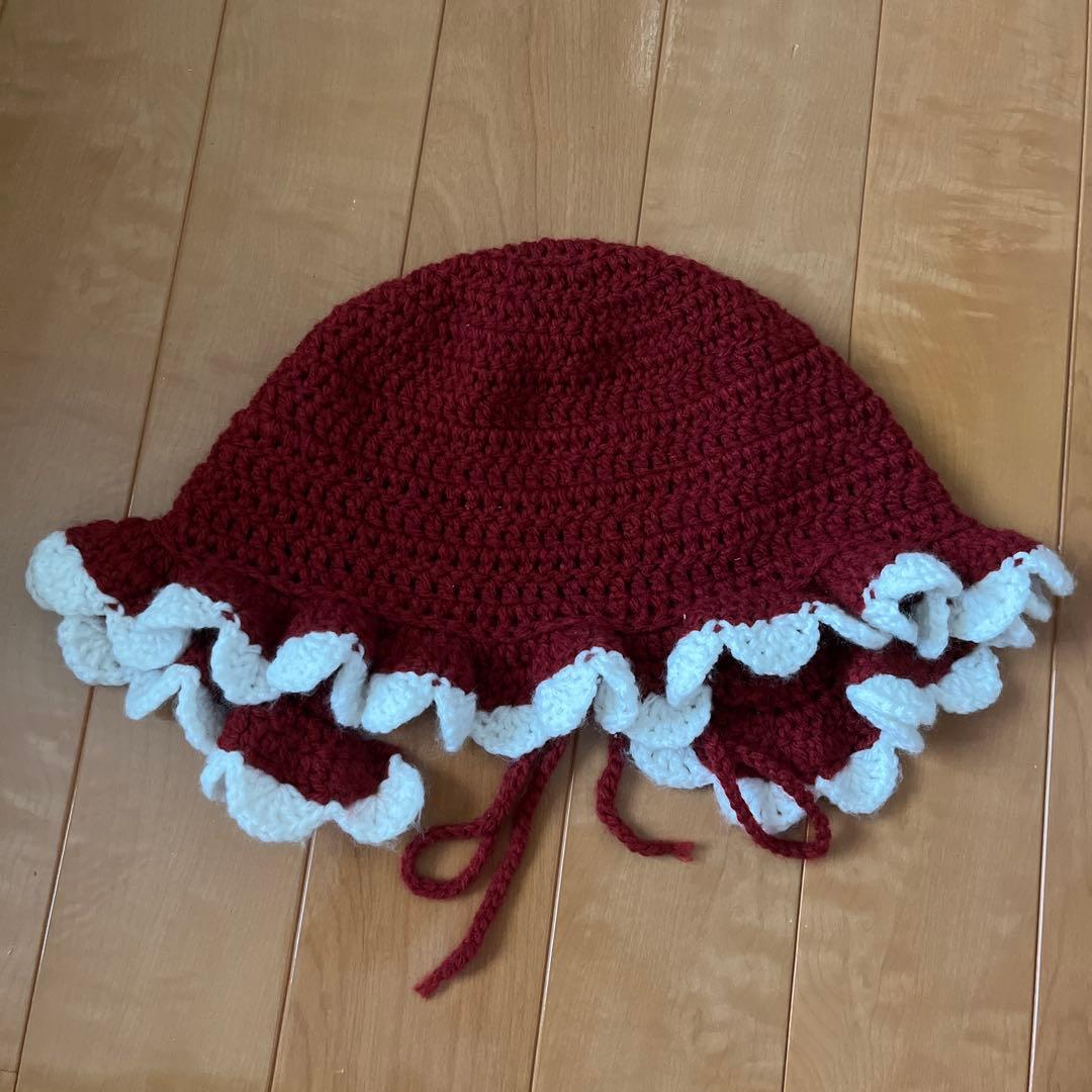 期間限定価格」ボンネット赤ワインレッド ハンドメイド編み物帽子 - メルカリ