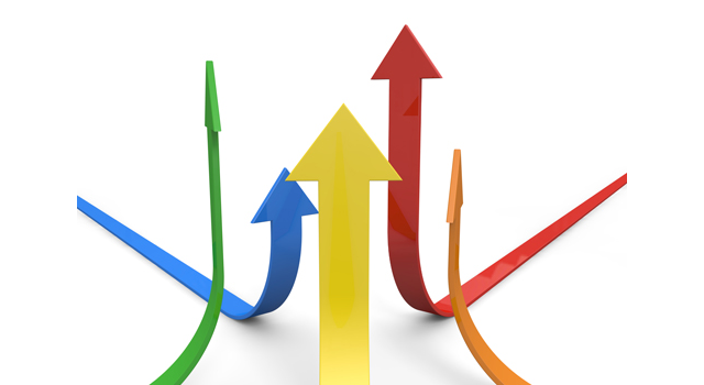 ピンクの上昇の矢印３：イラスト無料