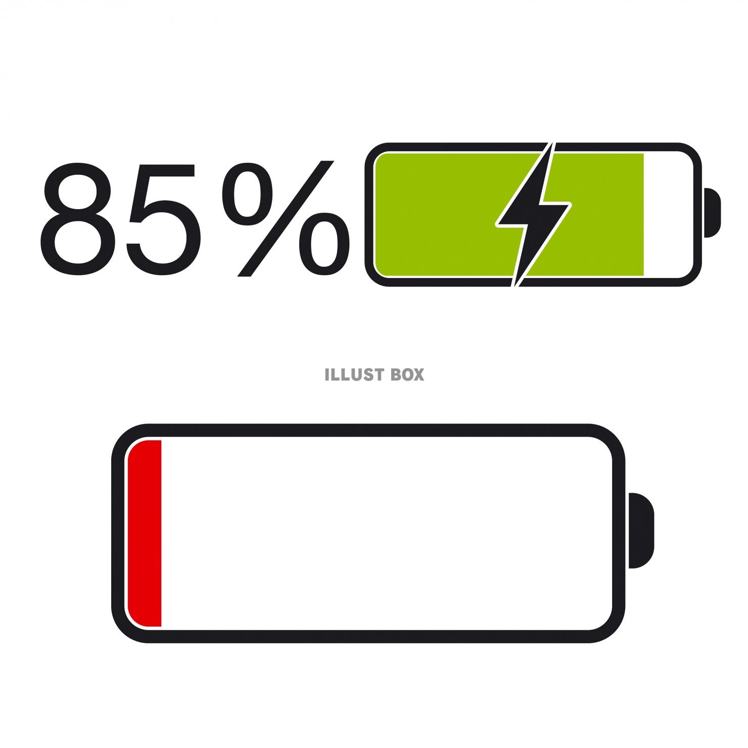 バッテリフラットアイコンセットベクトルイラストは、白い背景eps10で分離されています。バッテリーの充電レベルのシンボル、フルとロー。のイラスト素材・ベクターImage 95032936