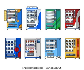 スナック付き自動販売機セミフラットカラーベクトルアイテム。白のリアル なオブジェクト。グラフィックデザインとアニメーションのための飲み物や食べ物を分離したモダンな漫画スタイルのイラストを販売するのイラスト素材・ベクターImage 180945779