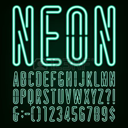 ネオンライトアルファベットベクトルフォント。暗い背景にネオン管の文字。大文字と小文字のセットPremiumベクトル素材