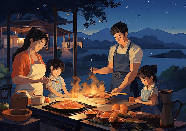 木の苗を植えようとしている4人家族イラスト