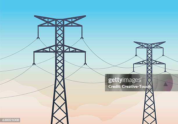 電気塔のアイコンベクター画像セット。送電鉄塔イラストサインコレクション。電力線記号。電線のロゴ。のイラスト素材・ベクター Image 198906757