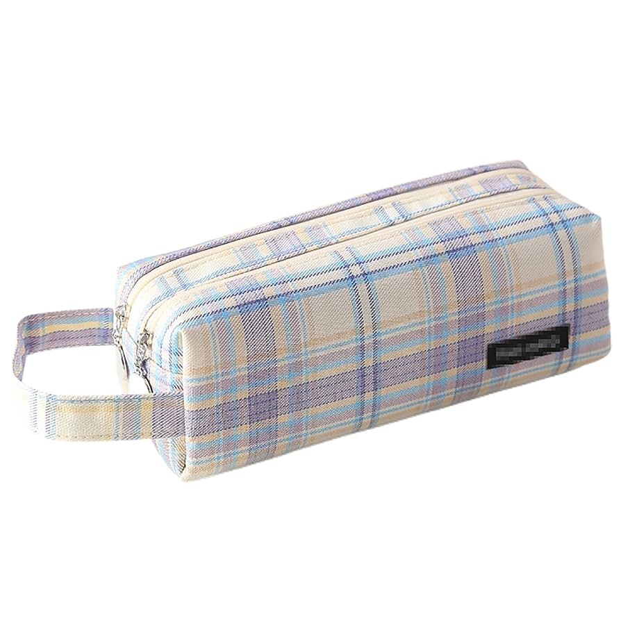 Amazonペンケース シンプル 筆箱 ポーチ 大容量 仕切り ファスナー キャンバス チェック柄 小学生 中学生 高校生 女の子 男の子 文房具筆入れ 小物入れ オフィス 収納バッグ 化粧ポーチ 旅行用 収納ポーチ パープルペンケース文房具・オフィス用品