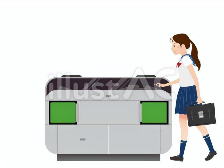 手を振りながらスマホを改札にタッチする女性のフリーイラスト