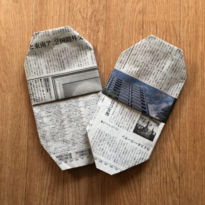 お子さんと一緒に新聞紙で防災スリッパ作り」鬼塚工務店