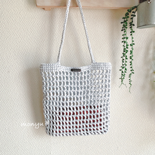 方眼編みのナップサックの編み方 メッシュ編みかぎ針編み巾着バッグサイズ変更可能crochet