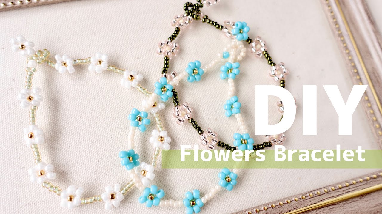 DIY🌸大人パールと花のブレスレット🌸作り方♪ピアスも！花編み テグス編み ビーズアクセサリー Pearls & Flowers BeadedBracelet Earrings Tutorial