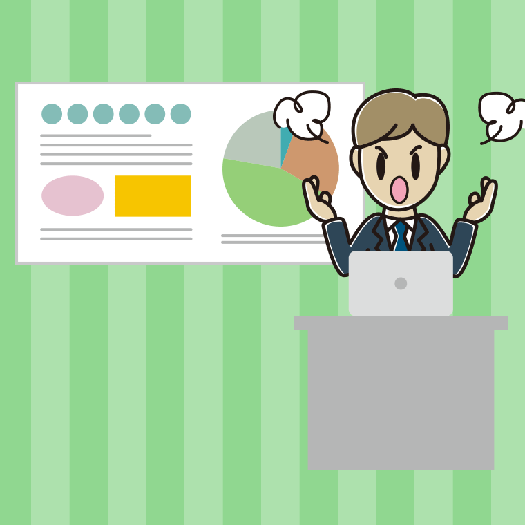 無料素材ビジネス資料を使ってプレゼンをするスーツ姿の女性のイラスト