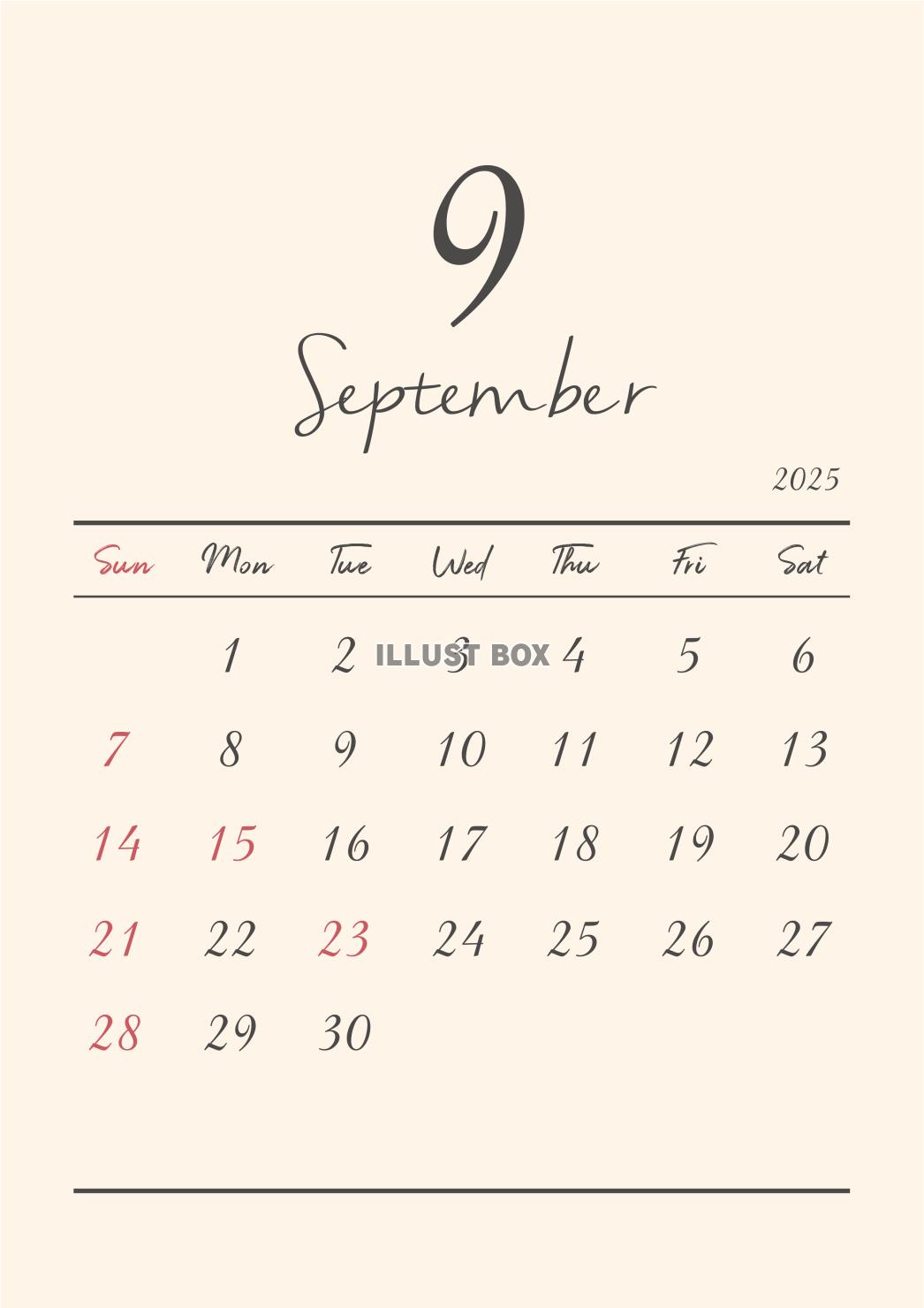 2025年9月のシンプルなカレンダーイラスト - No: 25497529無料イラスト・フリー素材なら「イラストAC」