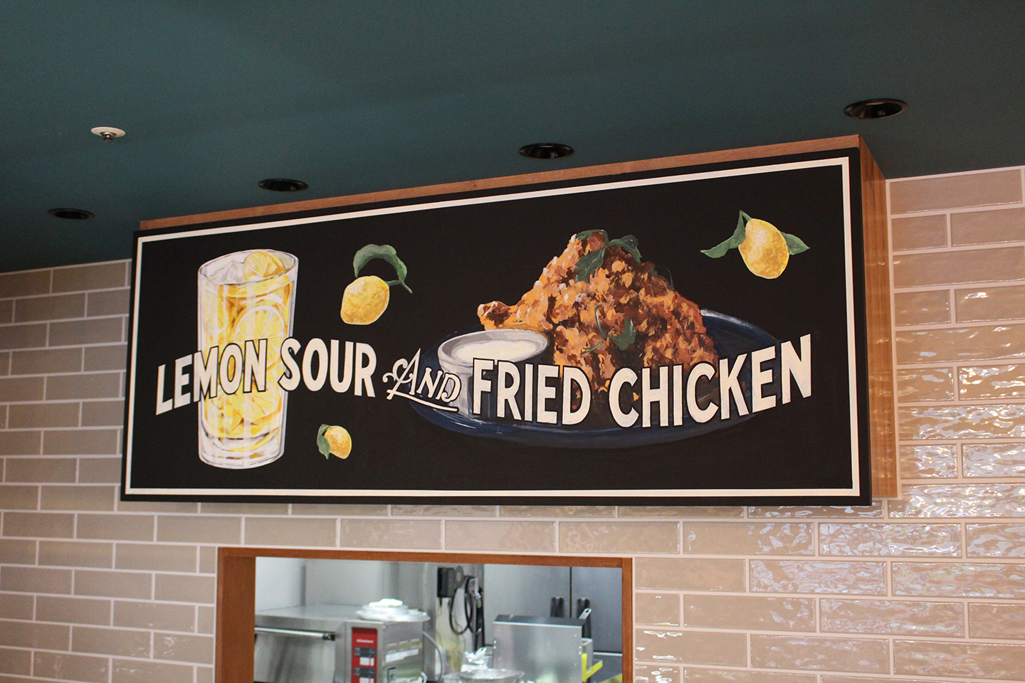 角飾りティーカップやかんと手描きと手書きの見出しを持つカフェやレストランのデザイン要素の看板Premiumベクトル素材