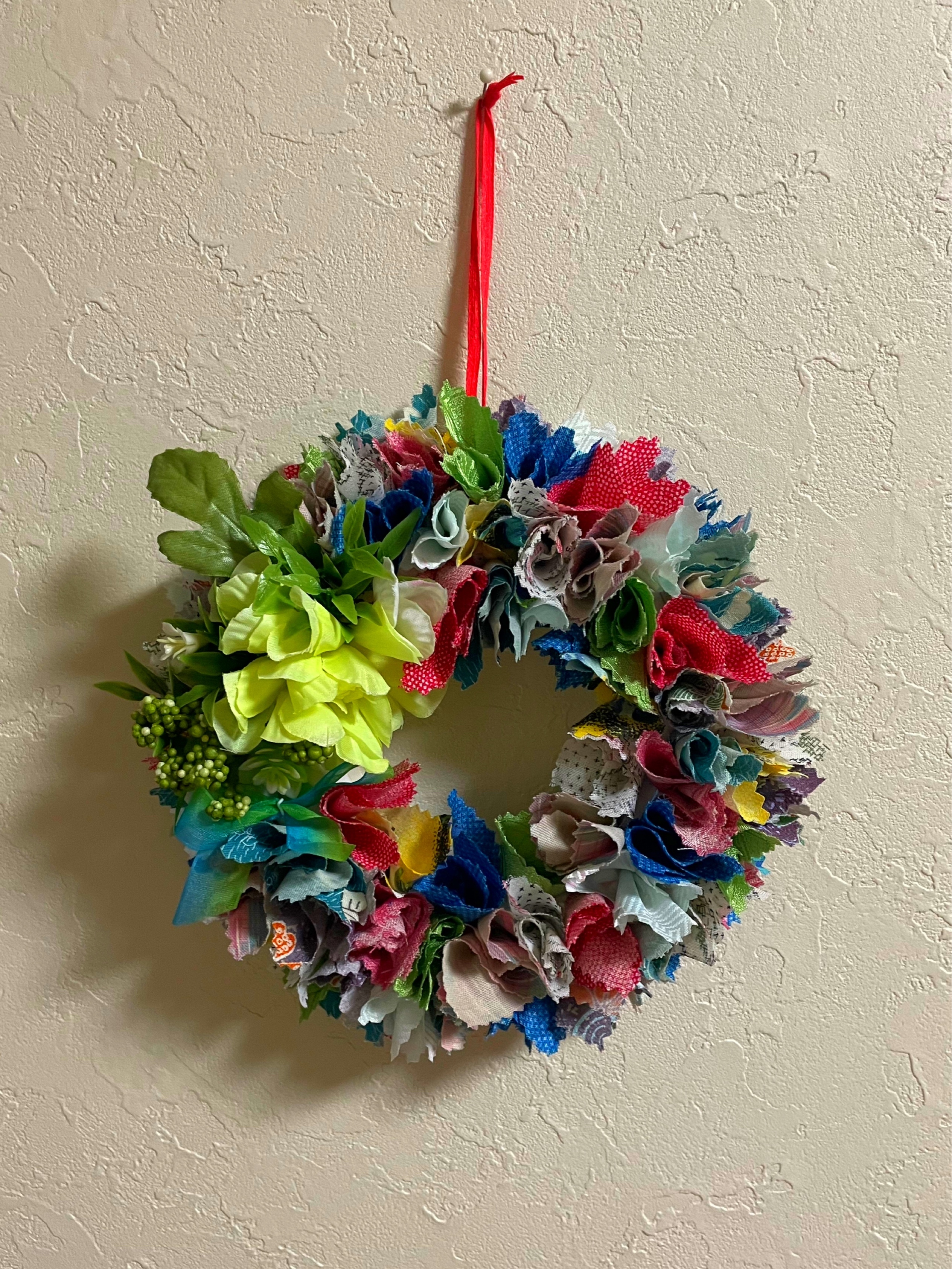 チェック×＆柄ハギレが使える「夏の布リース」