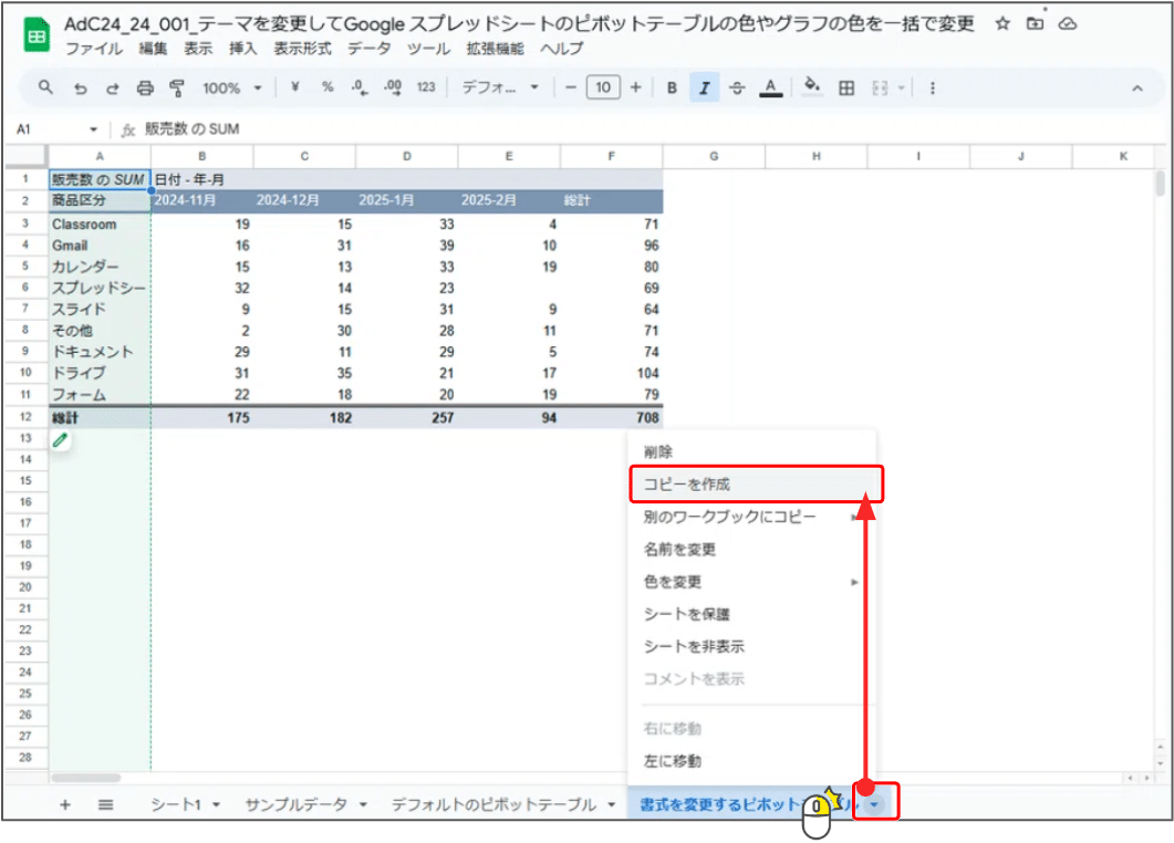 テーマを変更してGoogle スプレッドシートのピボットテーブルの色やグラフの色を一括で変更Teeda