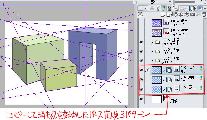3点透視法の縦の消失点の位置よろづ