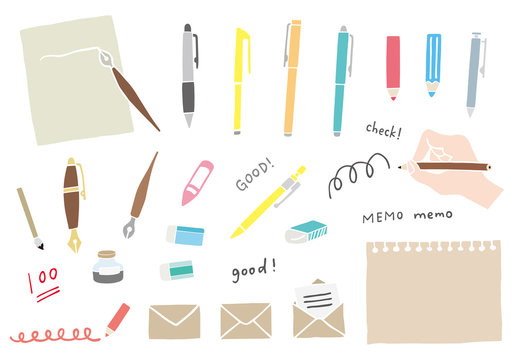手書きの文房具イラストセット カラーイラスト