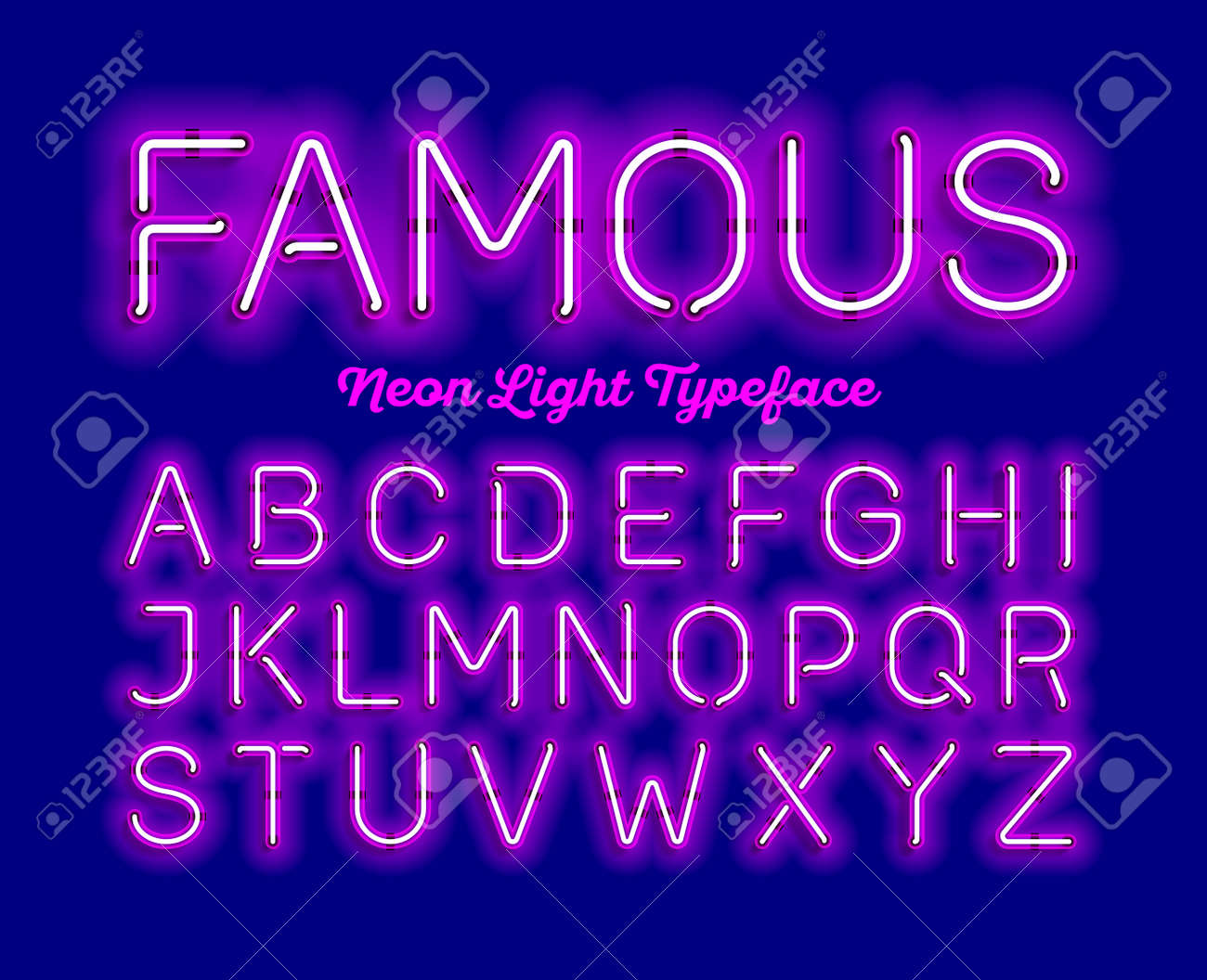 輝くネオン管のフォントです。レトロなテキスト効果です。ラテンの文字 A から Z、0 から 9 までの数字。ライト ブルー グラデーションライトをピンクします。のイラスト素材・ベクター Image 63385581