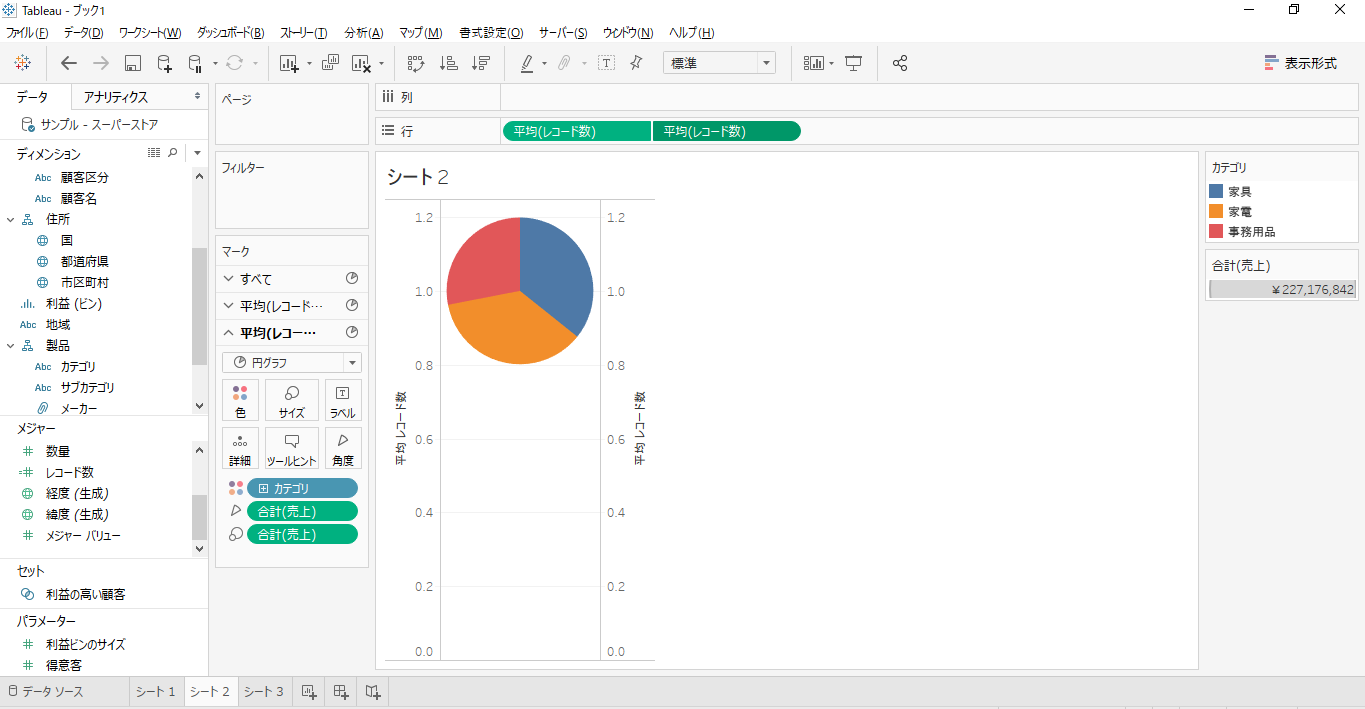 Tableauの円グラフで二重円グラフを作る方法