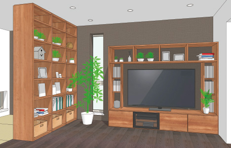 大型の壁面収納パナソニックキュビオスを設置したマンションリビングリノベーション