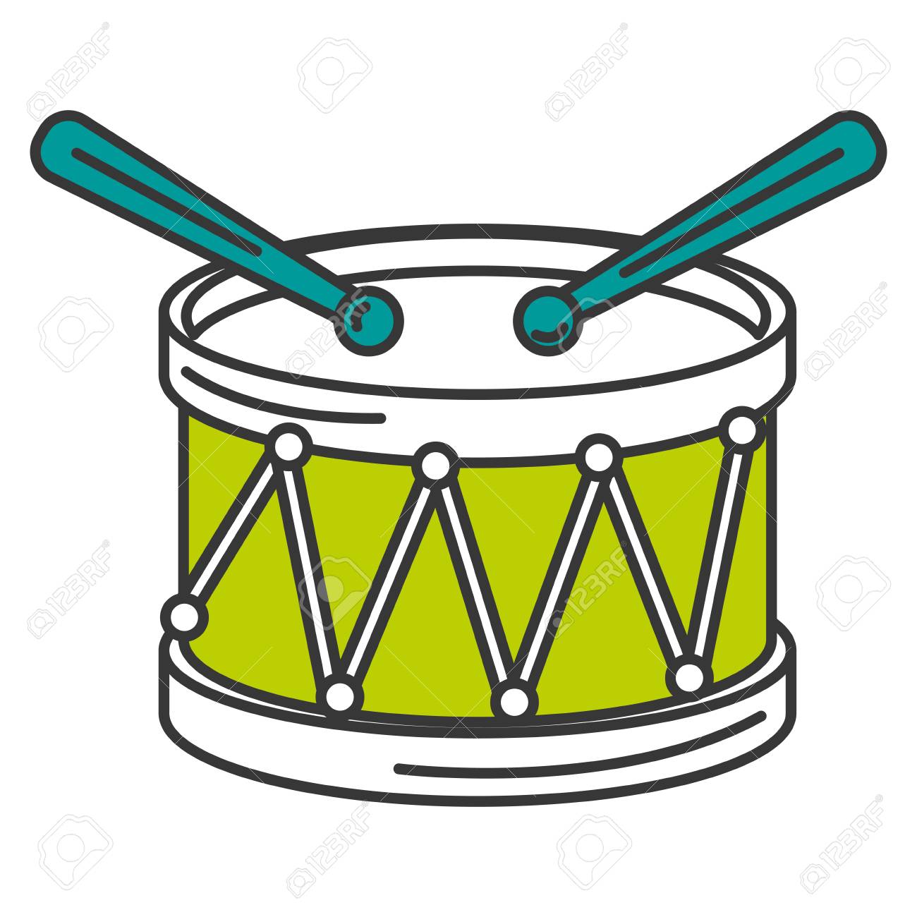 ドラムセット音楽漫画アイコンイラスト。音楽楽器アイコンコンセプト分離プレミアム。フラット漫画スタイルPremiumベクトル素材