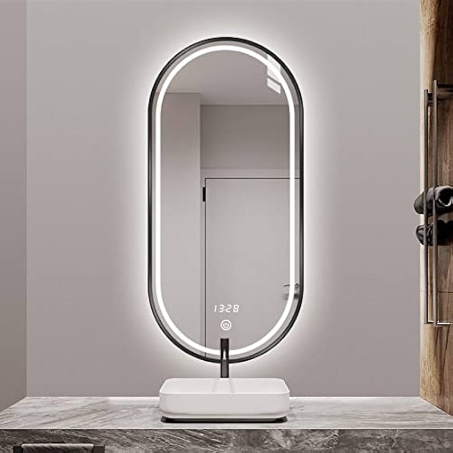 フレームレスハーフムーンスマートLEDメイクアップミラー、3色のライト、タッチスイッチ、防曇バニティミラー、バスルーム、ベッドルーム モダンな フレームレスハーフムーンバスルームミラー、LED照明付き3色防曇壁装飾ミラー、リビングルーム、玄関用 左カット、90 * 6