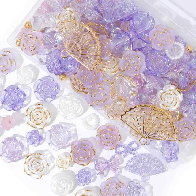 クリアケース入り紫系カボション96個セットラベンダーパープルデコパーツ訳アリ特価DECO MARO