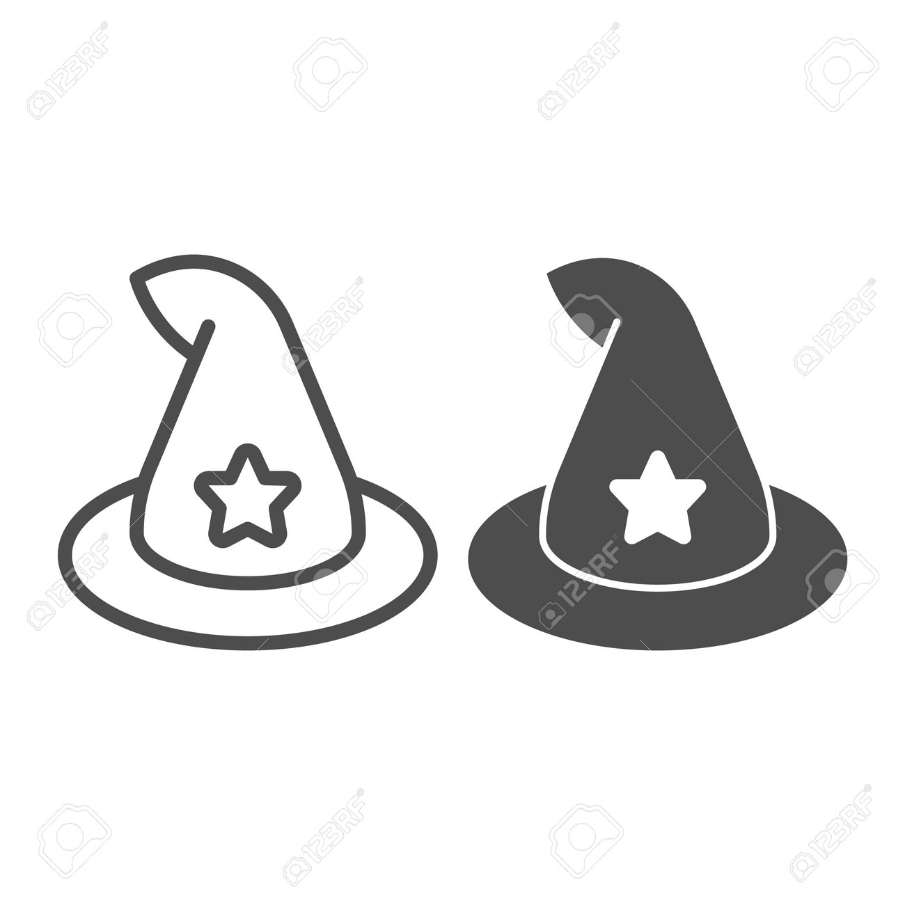 魔女の帽子のラインと無地のアイコン、おとぎ話のコンセプト、白い背景の上の古典的な魔法使いの帽子 のサイン、モバイルコンセプトとWebデザインのアウトラインスタイルの星のアイコンが付いた昔ながらの帽子。ベクトルグラフィックス。のイラスト素材・ベクターImage