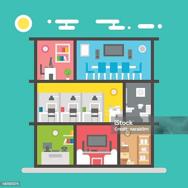 フラットなデザインオフィスのインテリア - ビルの外観のベクターアート素材や画像を多数ご用意 - ビルの外観, 横からの視点, 屋内 - iStock