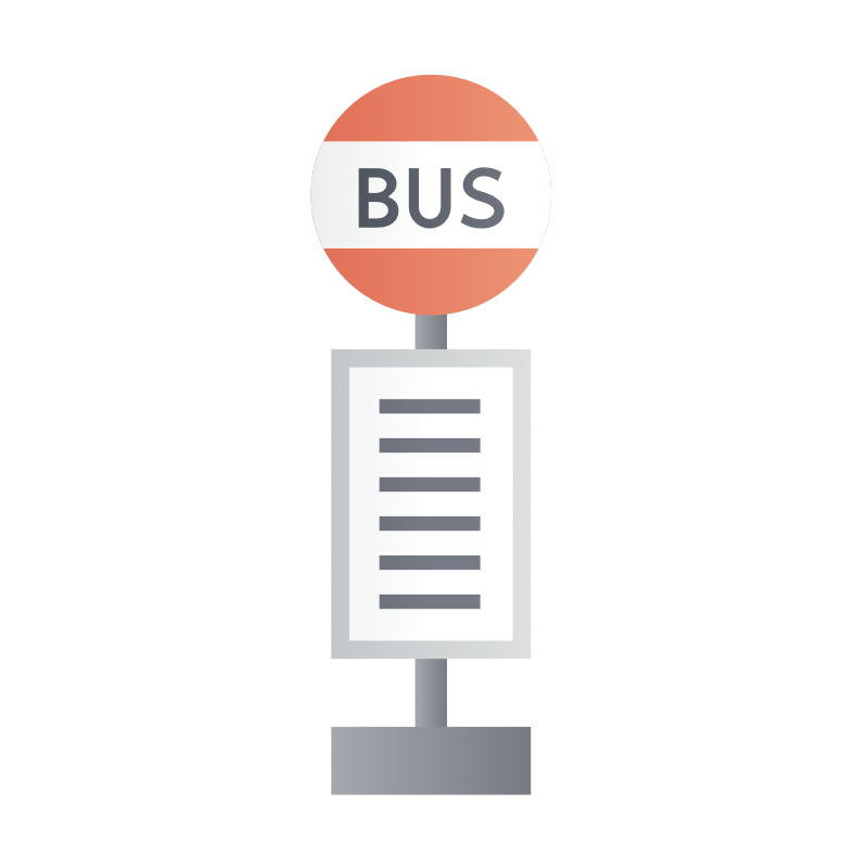 都市景観のバス停イラスト、都市と川の背景を持つ公共交通機関のバス停Premiumベクトル素材