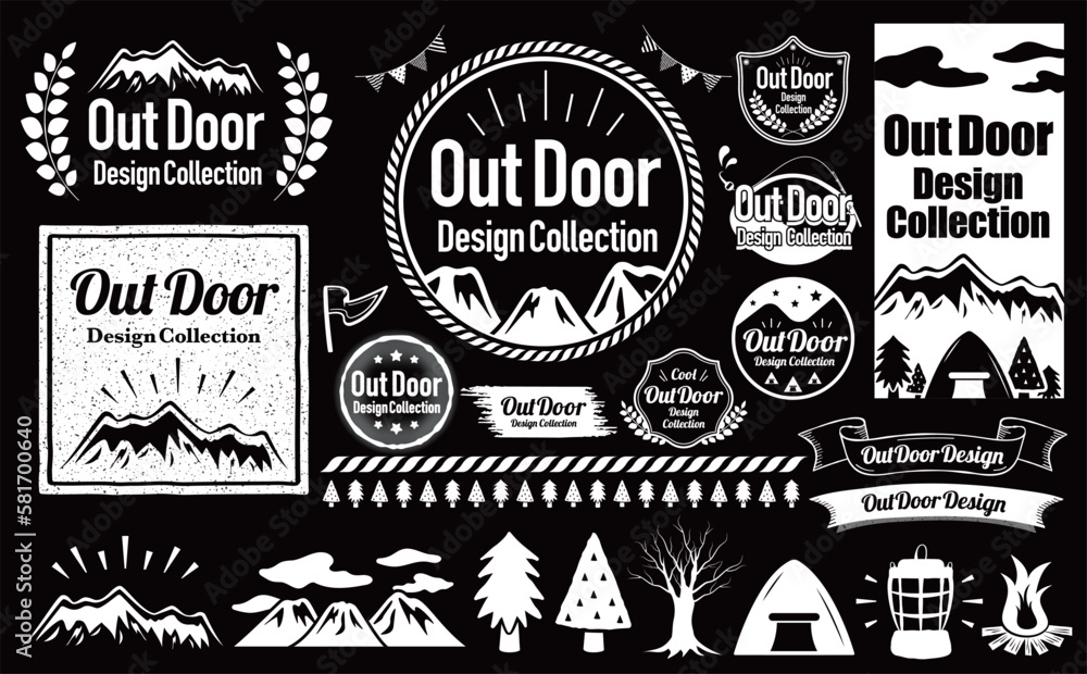 キャンプやアウトドアシーンに使えるナチュラルでかっこいいシンプルおしゃれなタイトルデザインフレームとイラストのセット_黒背景白塗り StockVectorAdobe Stock
