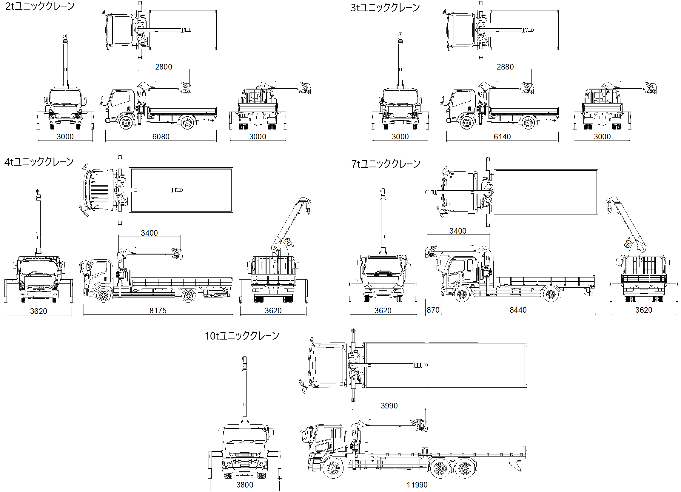 ユニック車2t、3t、4t、7t、10t 全5台CAD素材.com
