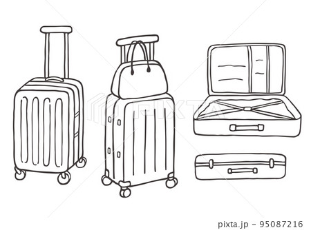 スーツケース ヴィンテージ 収納荷物 空と開いた手描きベクトルラインアートイラストのイラスト素材・ベクター Image 90749937