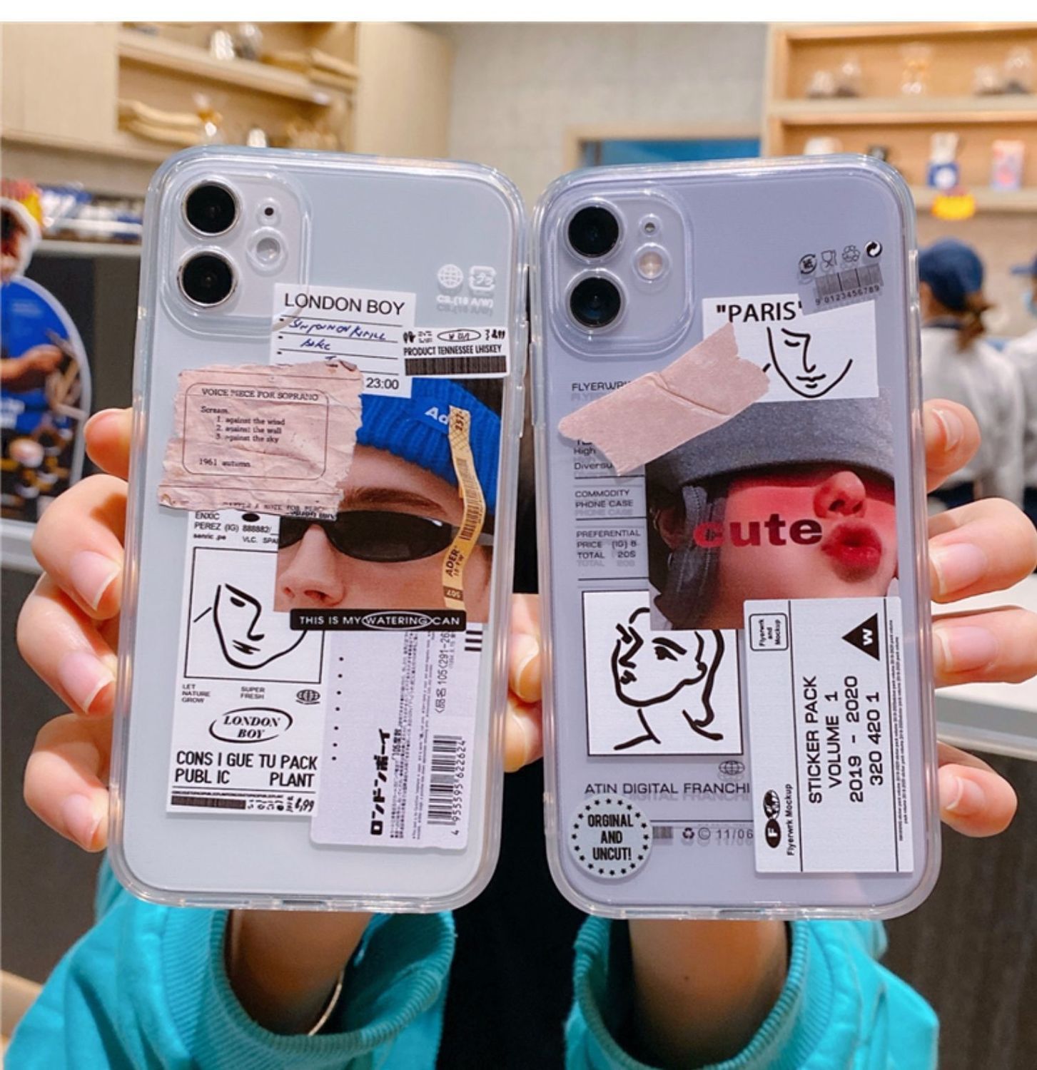 即納 「オシャレブルー」ステッカー風プリントiPhoneケース