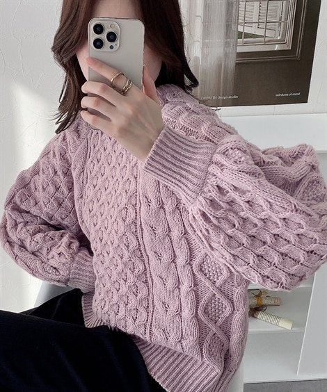 ワールド♪ シューラルー ケーブル柄 ニットセーター L ニット セーター 水色 トップス