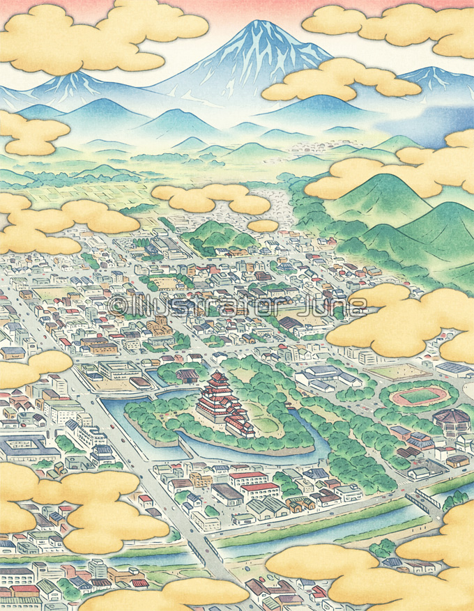 お城のある街 鳥瞰図 俯瞰図個人作品洵 じゅん JuneIllustrator – 和風イラスト制作