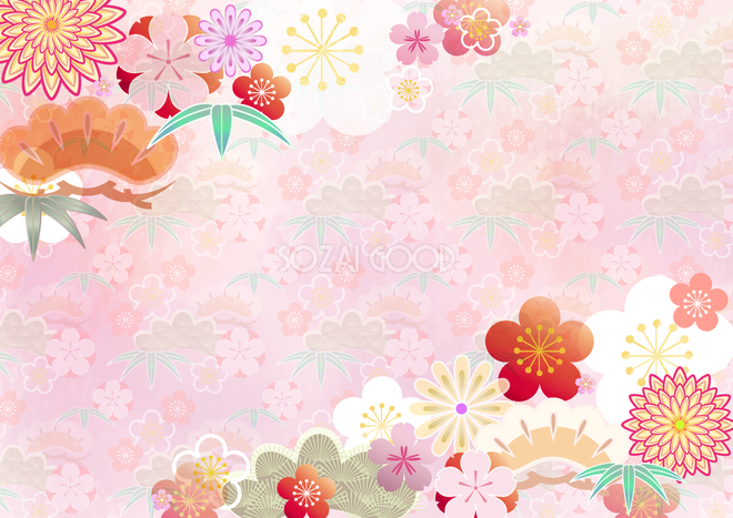 春の素材：横型の扇と桜の花の和風背景フレーム チラシ・DM・POP無料テンプレートTemplateBox