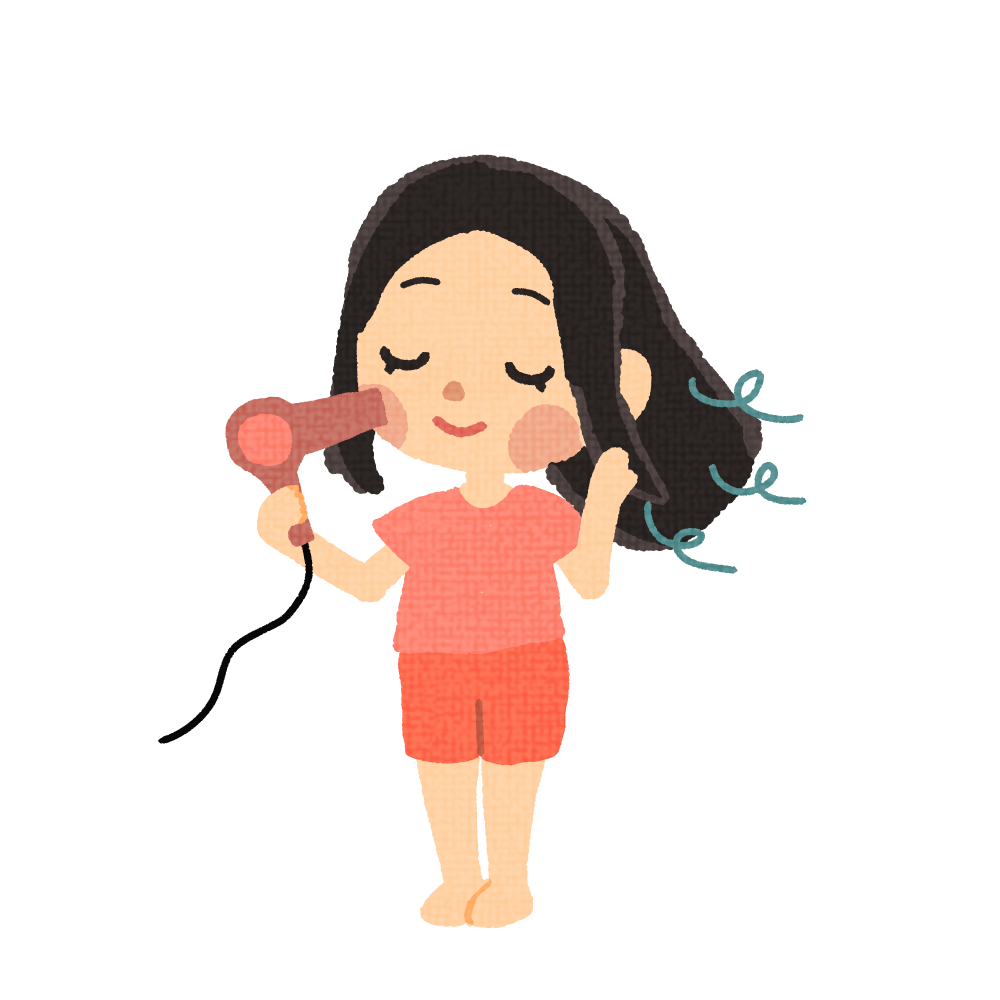 ドライヤーで髪の毛を乾かす女性のイラスト - イラストくん