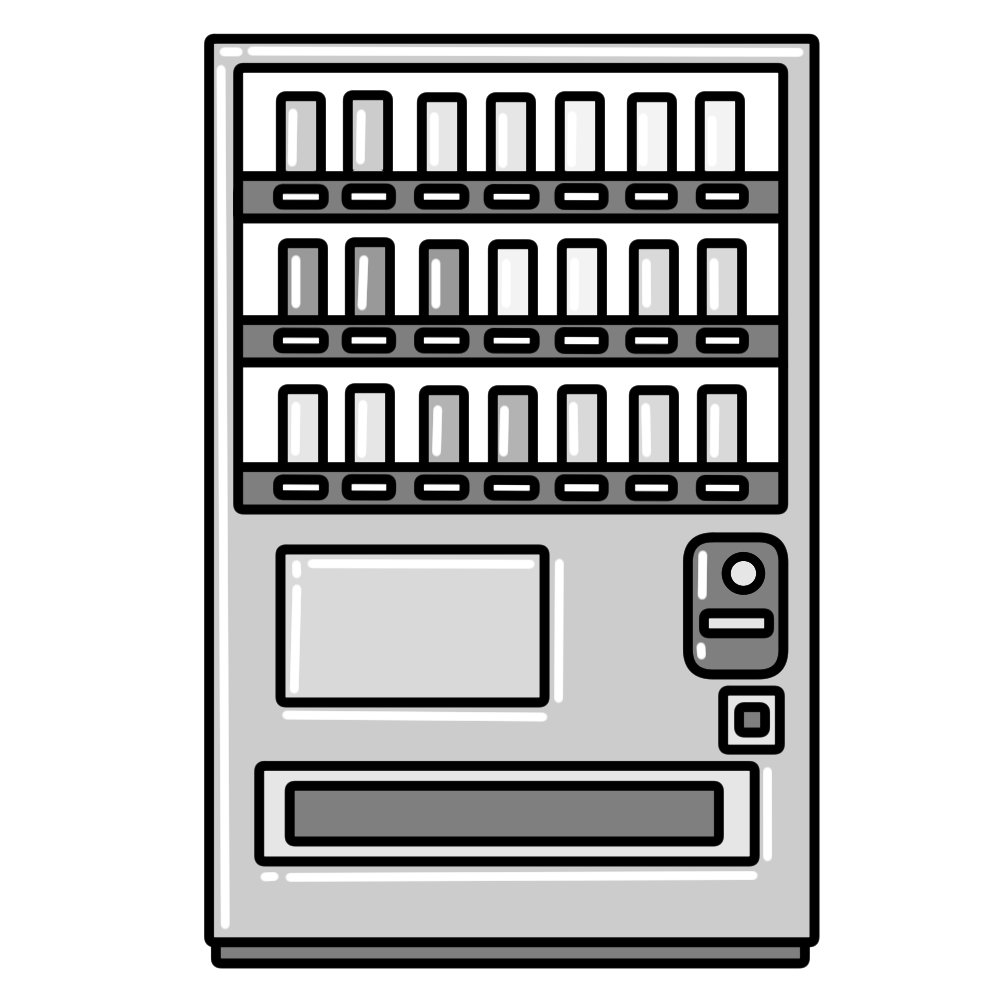 飲料ボトルと缶の手描きのスケッチがセットされた自動販売機。自動スナックおよび飲料販売機械の等尺性および正面図。黒と白のベクトル分離イラストのイラスト素材・ベクターImage 165979079