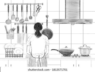 インテリア キッチン カウンター 線画のイラスト素材 - PIXTA