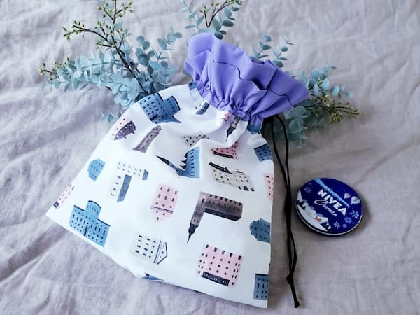 裏地付きフリル巾着袋の作り方 まち付き お着替え袋サイズ・コップ袋サイズ体操服入れ