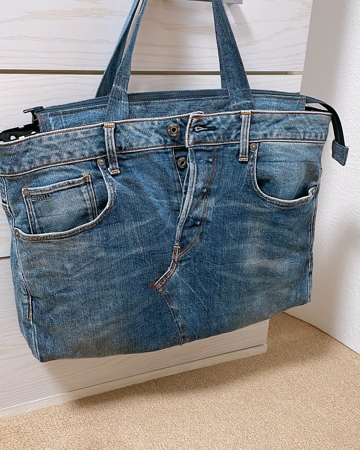 デニムリメイクバッグ ハンドメイド LOW オリジナル トートバッグ パッチワーク リメイク フリンジ ブロック エコバッグ Yahoo!フリマ 旧PayPayフリマ