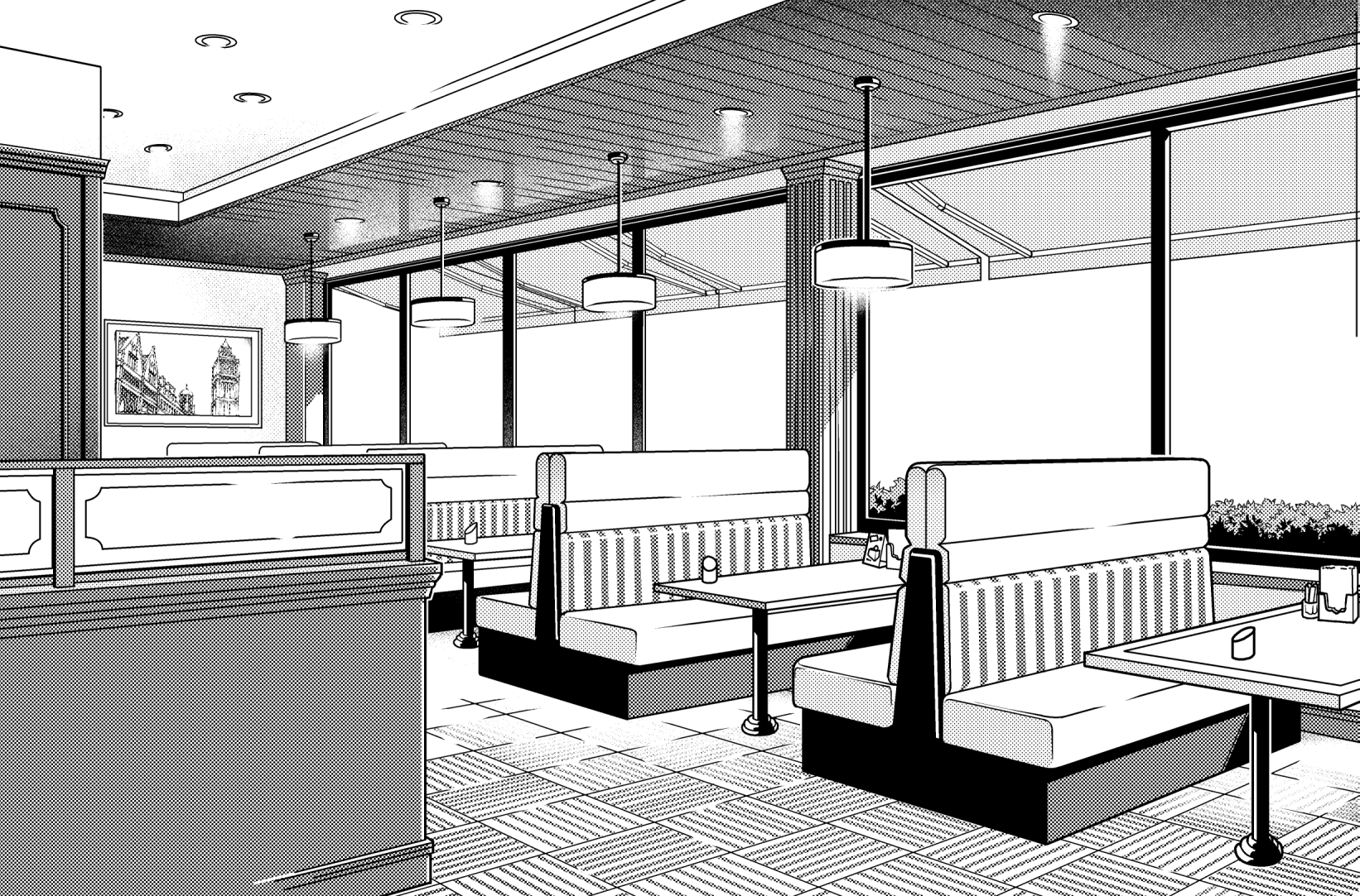 フリー素材 飲食店の店内 3枚背景イラストみんちりえ