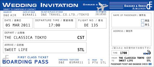 オリジナル実例集 本物そっくり！航空券チケット風席札 - おしゃれな結婚式を綴るコラム ファルベ