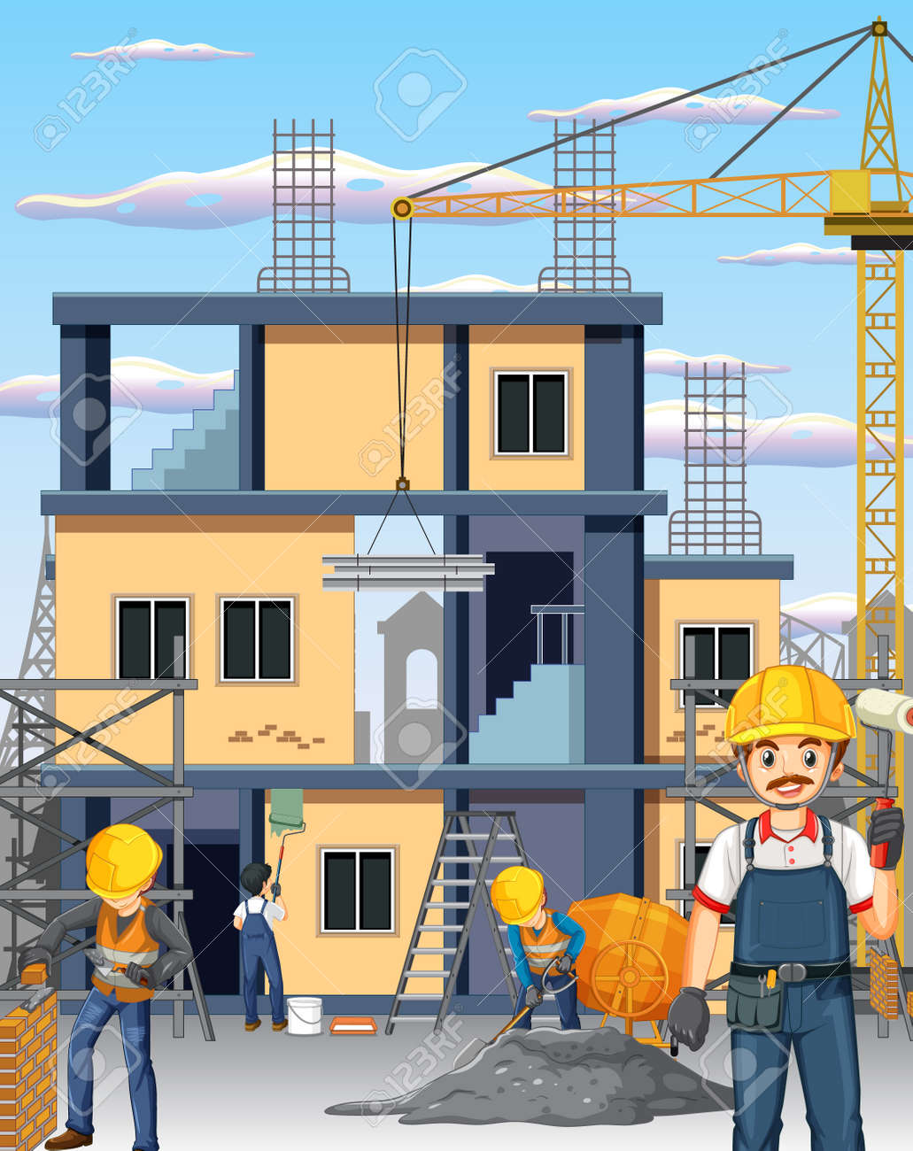 フリーイラスト工事用一輪車で土を運ぶ建設作業員パブリックドメインQ：著作権フリー画像素材集